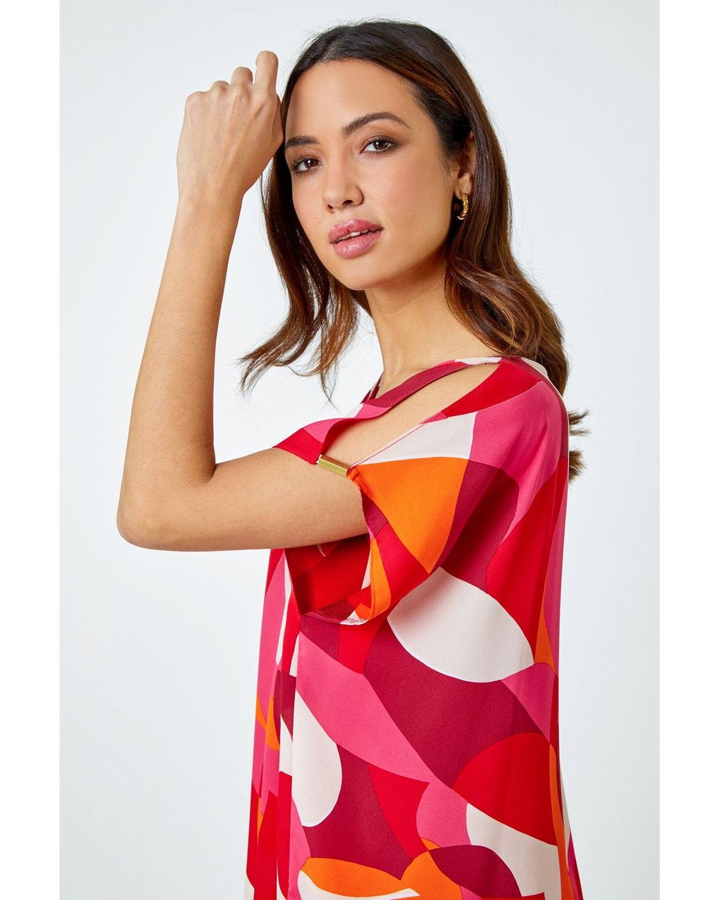 Roman Red Abstract Print Chiffon Overlay Top