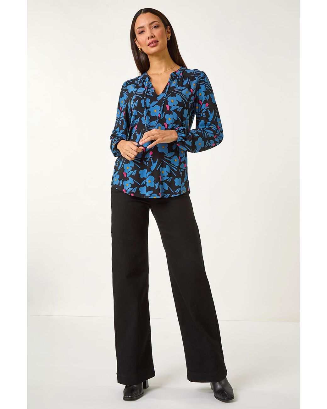Roman Blue Print Tie Neck Stretch Top