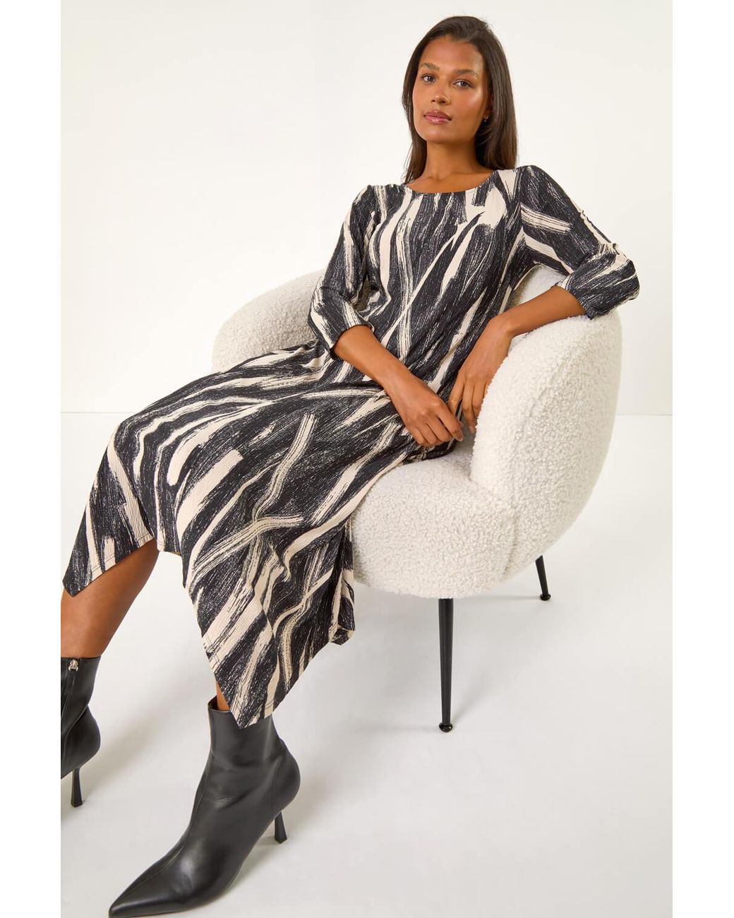 Roman Natural Ribbon Print Hanky Hem Stretch Midi Dress
