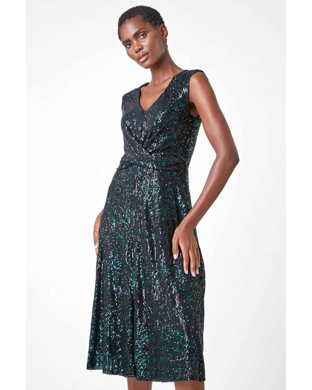 Roman Blue Sequin Twist Front Midi Stretch Dress