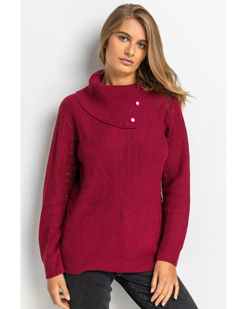 Roman Red Pointelle Sleeve Cowl Neck Jumper