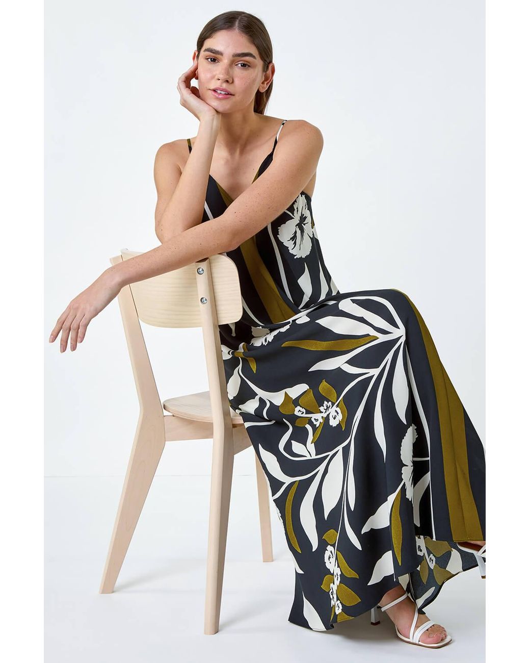 Roman Black Floral Border Print Strappy Trapeze Dress