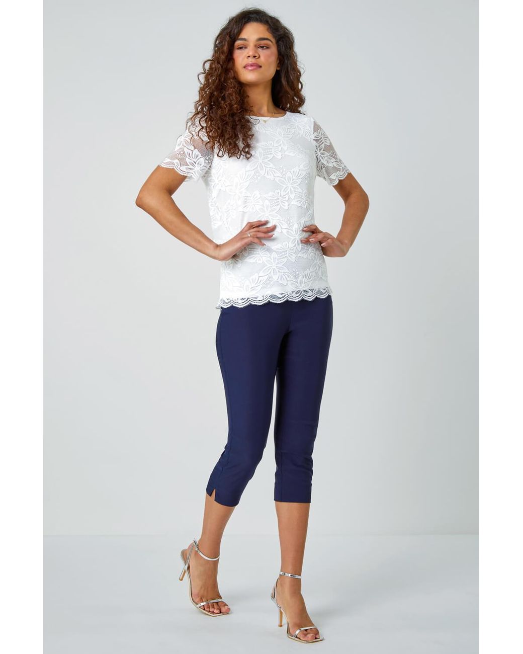 Roman White Floral Stretch Lace Top
