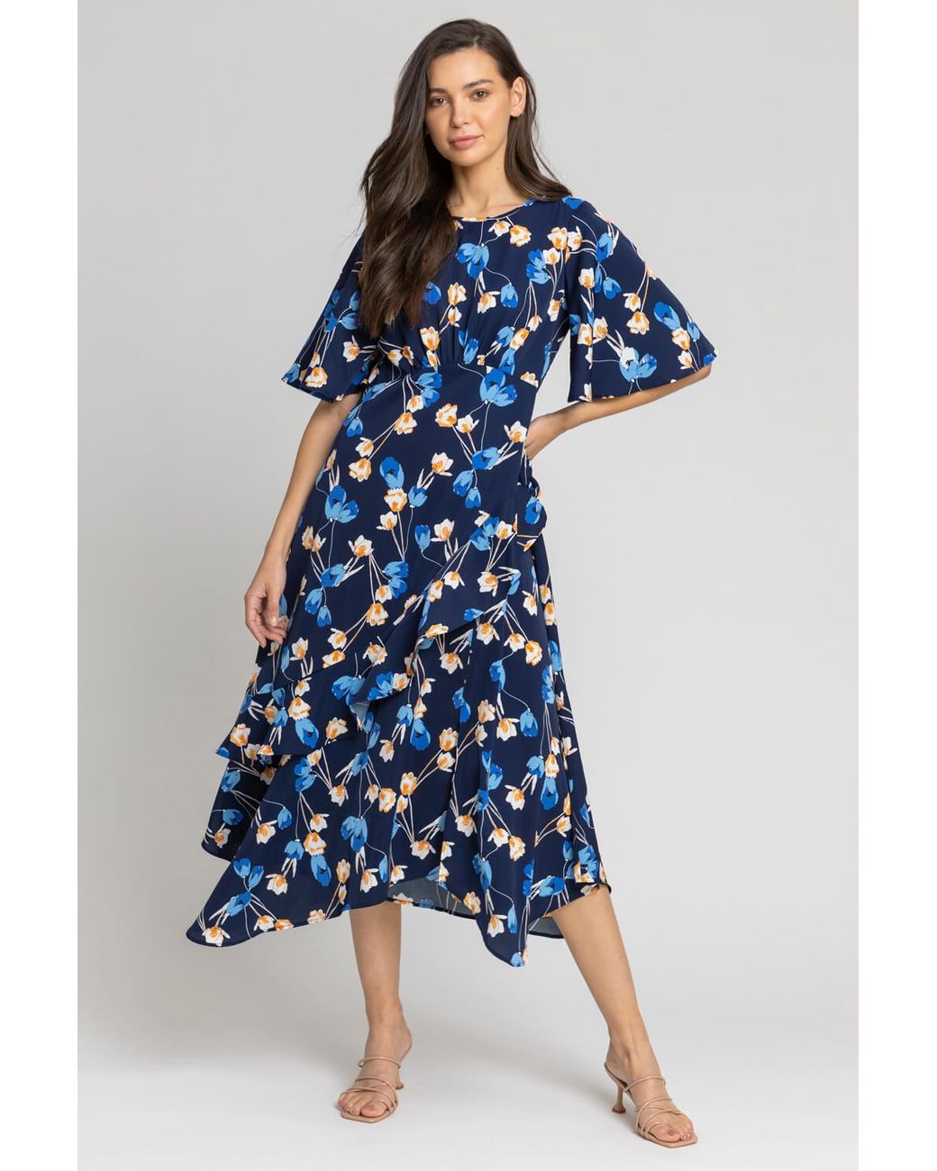 Roman Blue Floral Print Chiffon Midi Dress