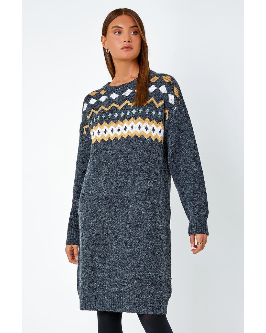 Roman Brown Nordic Print Knitted Jumper Dress
