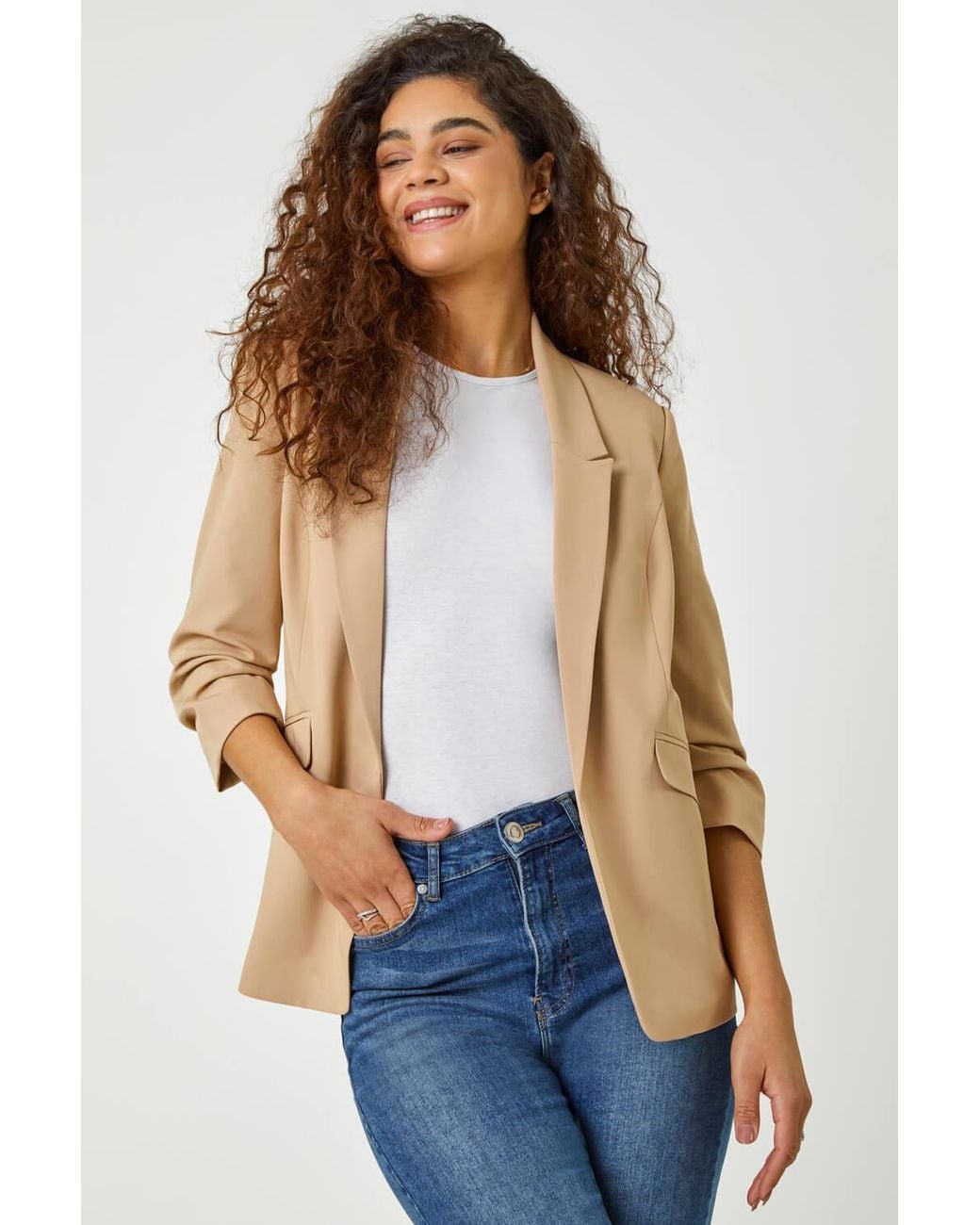 Roman Blue Ruched 3/4 Sleeve Stretch Blazer
