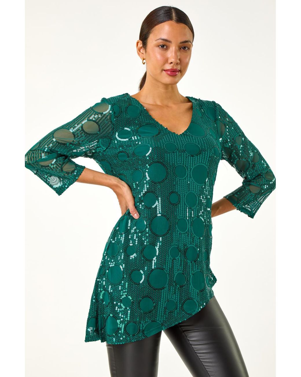 Roman Green Circle Sequin Asymmetric Top