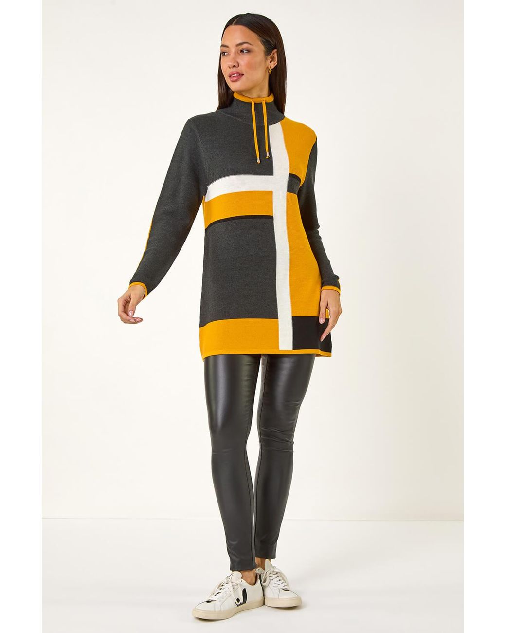 Roman Yellow Colour Block Roll Neck Knit
