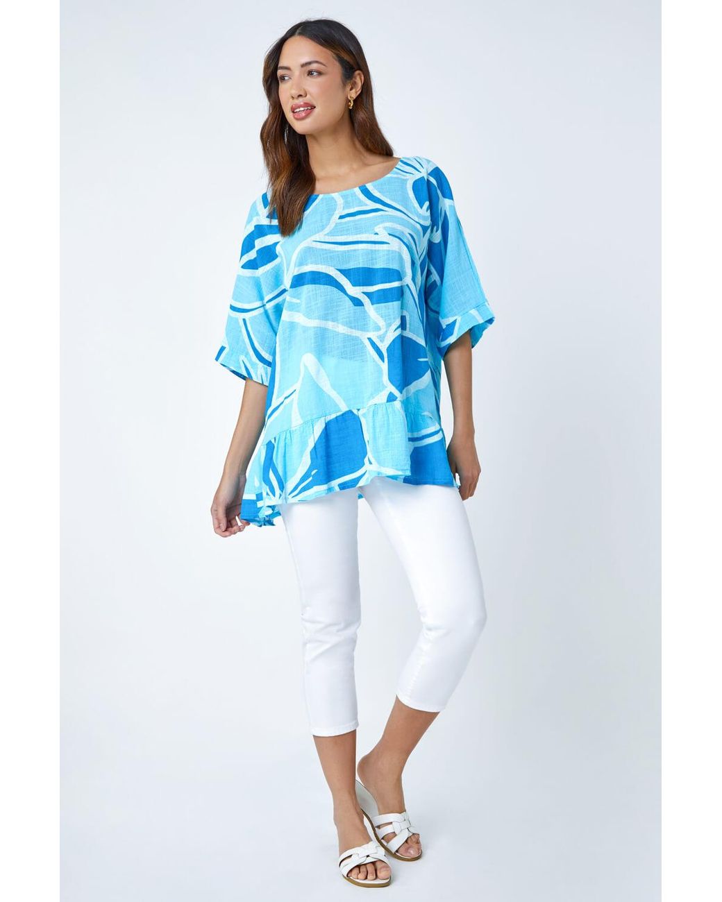 Roman Blue Cotton Oversized Floral Tunic Top