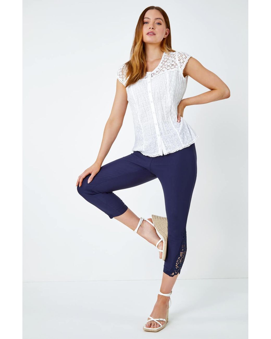 Roman Blue Lace Insert Crop Stretch Trousers