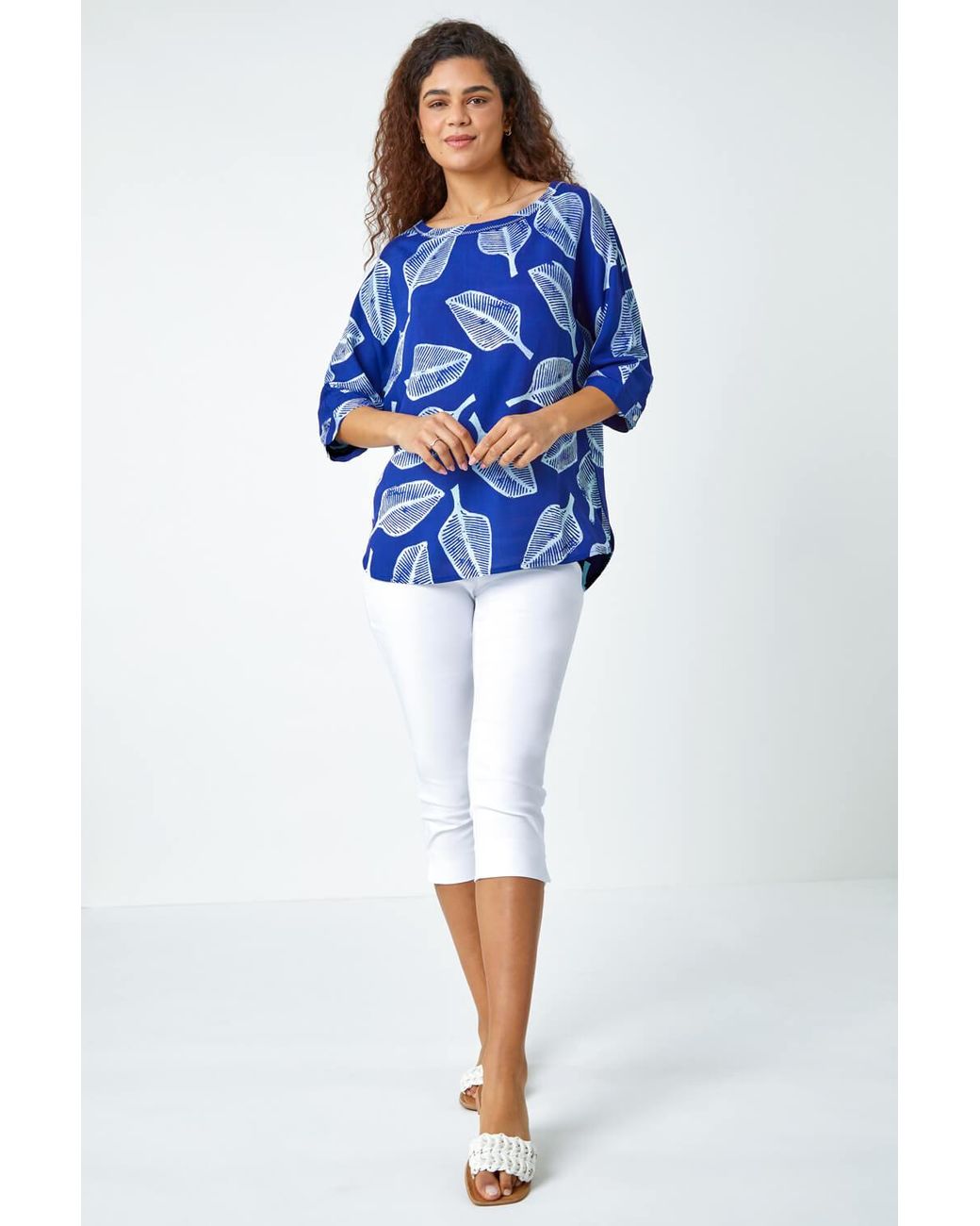 Roman Blue Leaf Print Relaxed Tunic Top