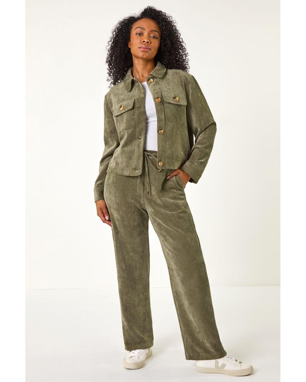 Roman Petite Green Corduroy Button Jacket