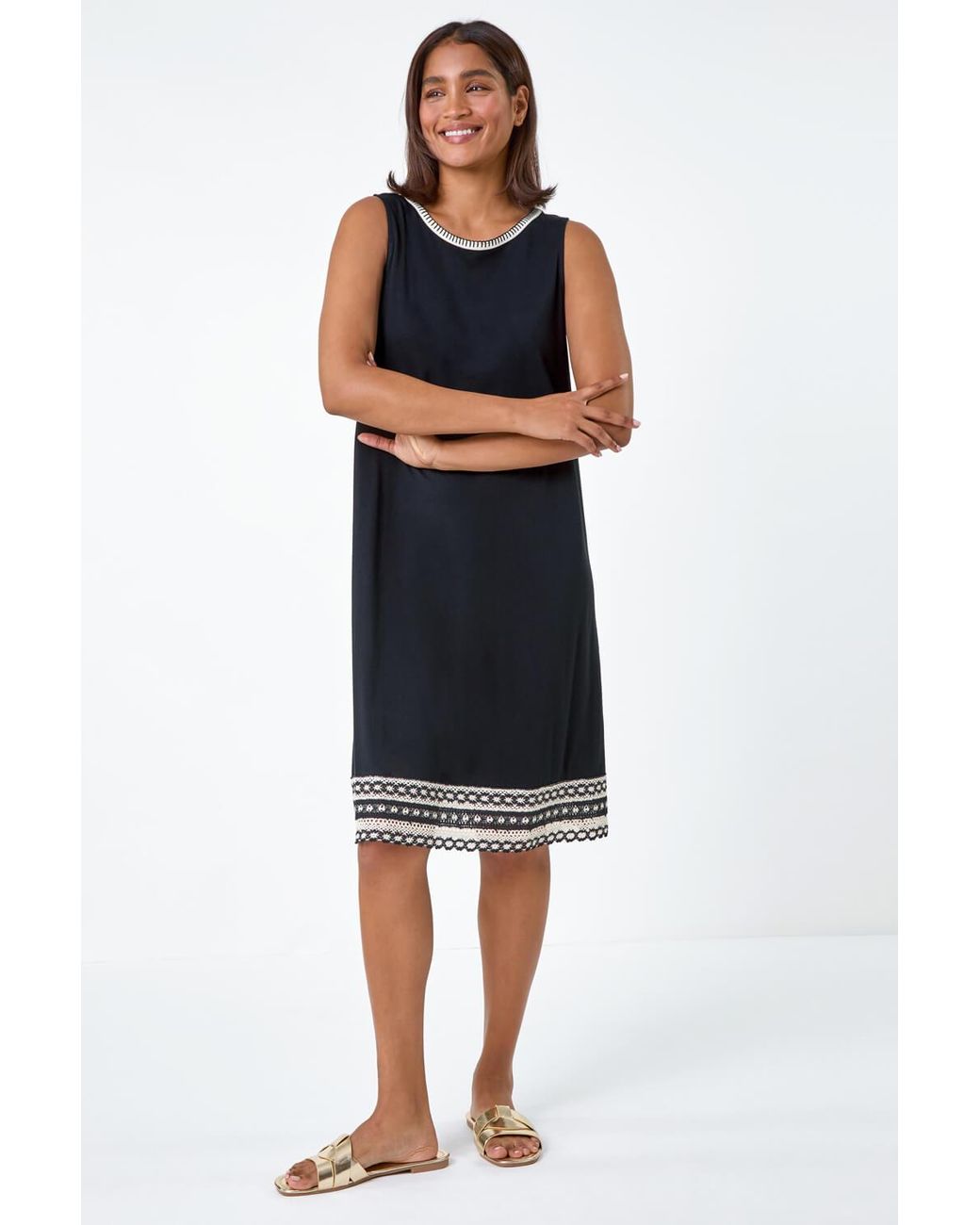 Roman Embroidered Trim Stretch Jersey Shift Dress in Blue