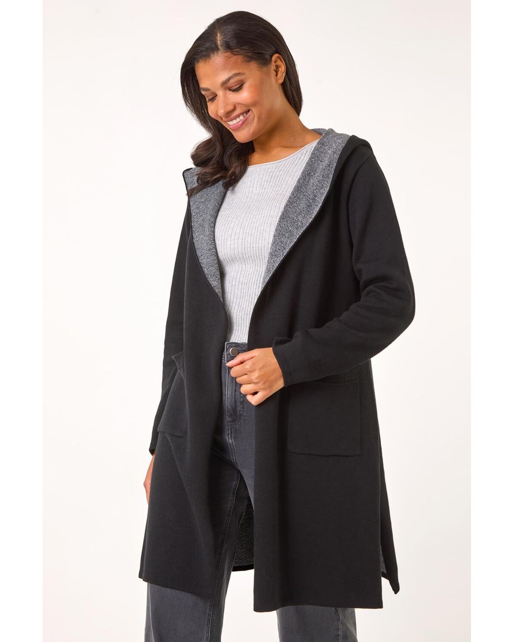 Roman Black Contrast Hooded Longline Cardigan