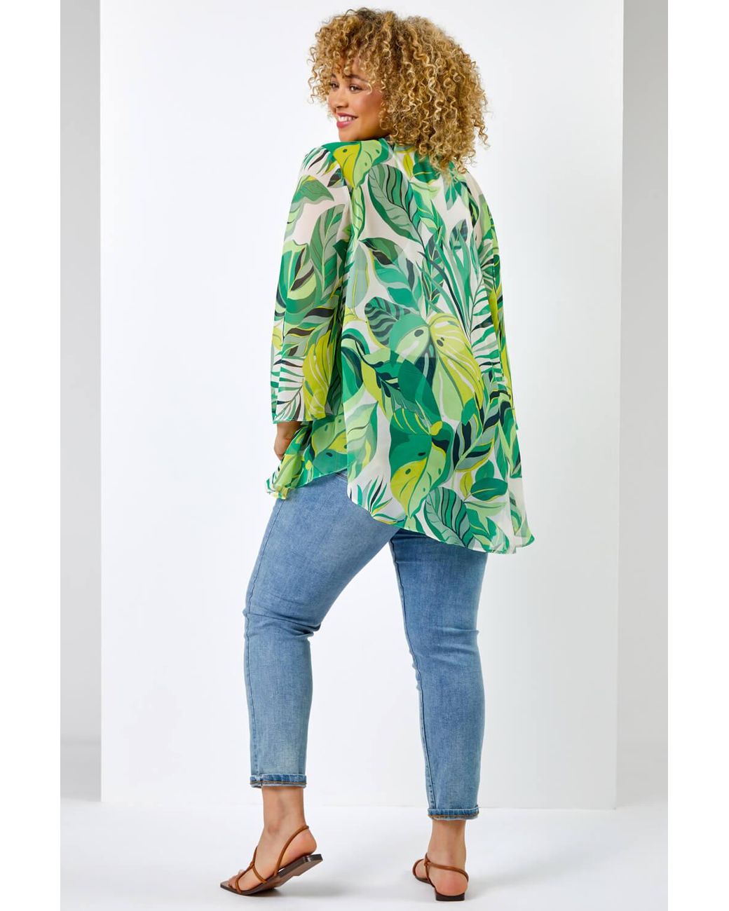 Roman Curve Green Tropical Leaf Print Kimono