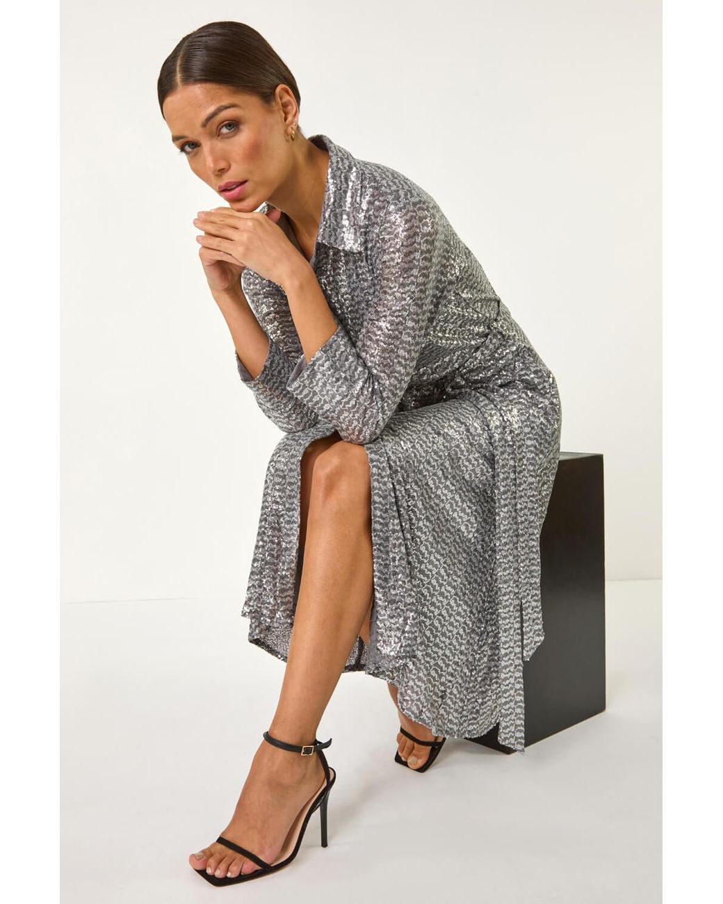 Roman Gray Sequin Shirt Dress