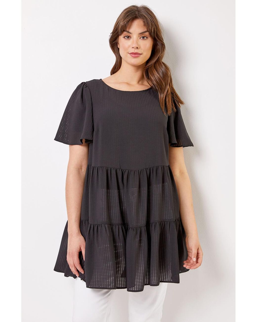 Roman Curve Black Check Texture Tiered Tunic Top