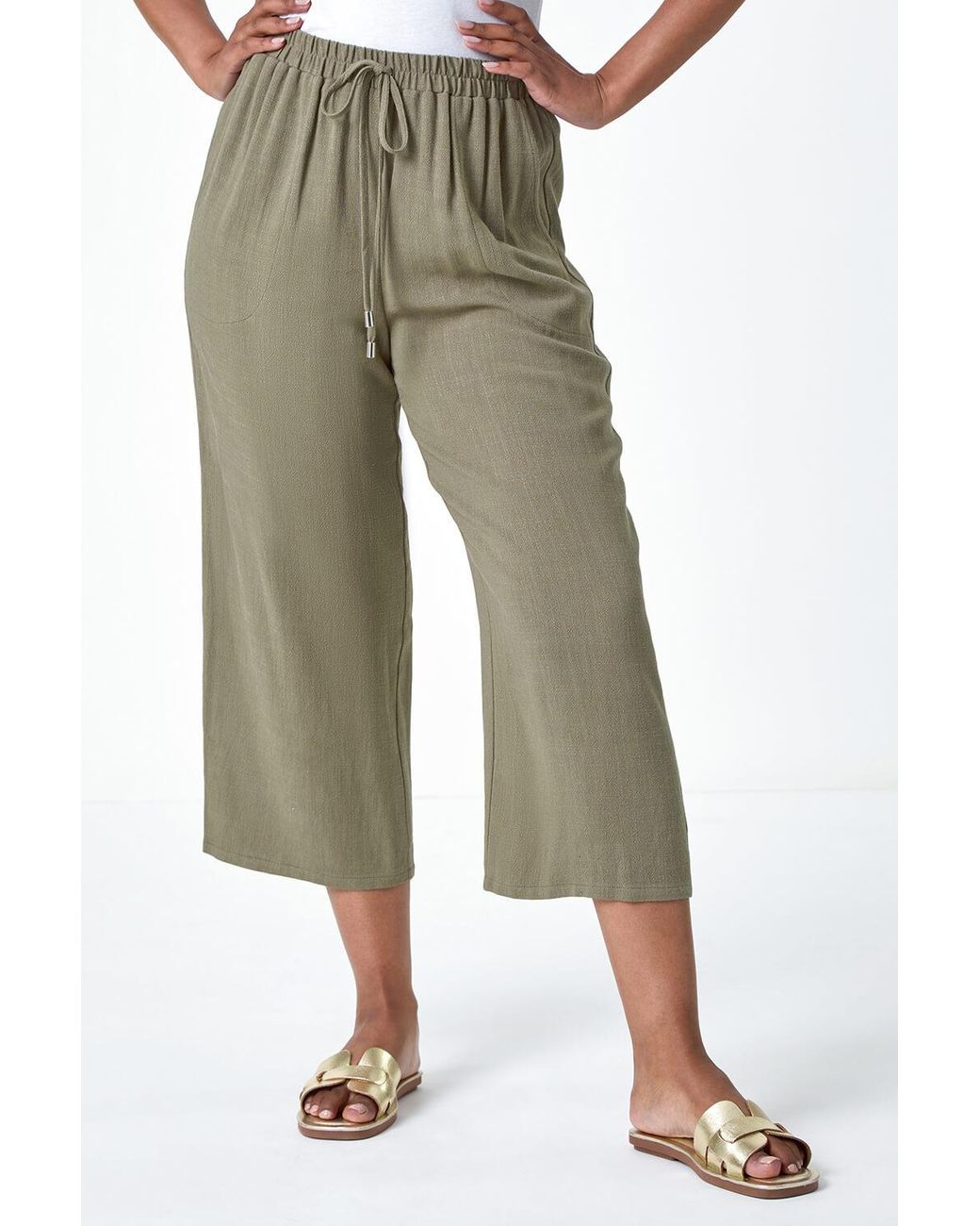 Roman Petite White Linen Mix Wide Cropped Trousers
