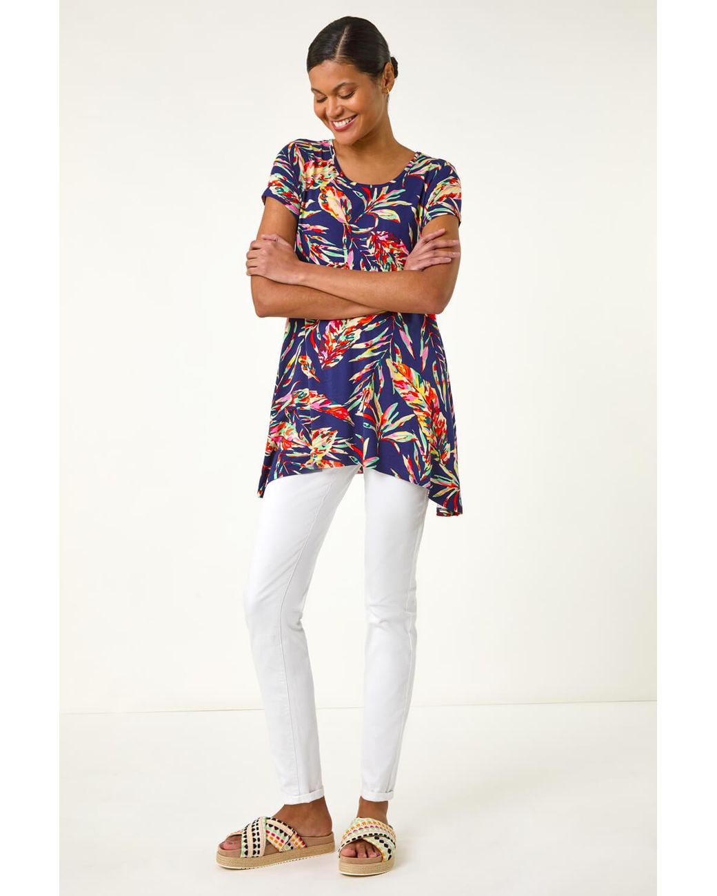 Roman Blue Leaf Print Hanky Hem Tunic Stretch Top