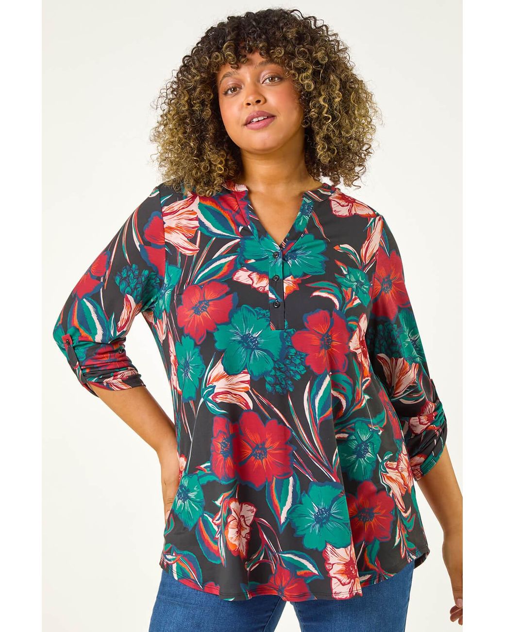 Roman Curve Red Stretch Jersey Floral Top