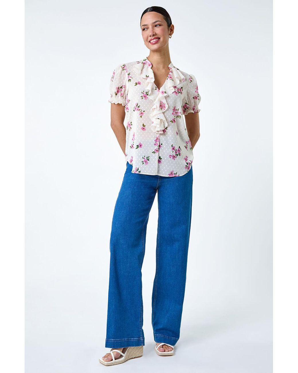 Roman Blue Textured Spot Floral Print V-Neck Frill Top