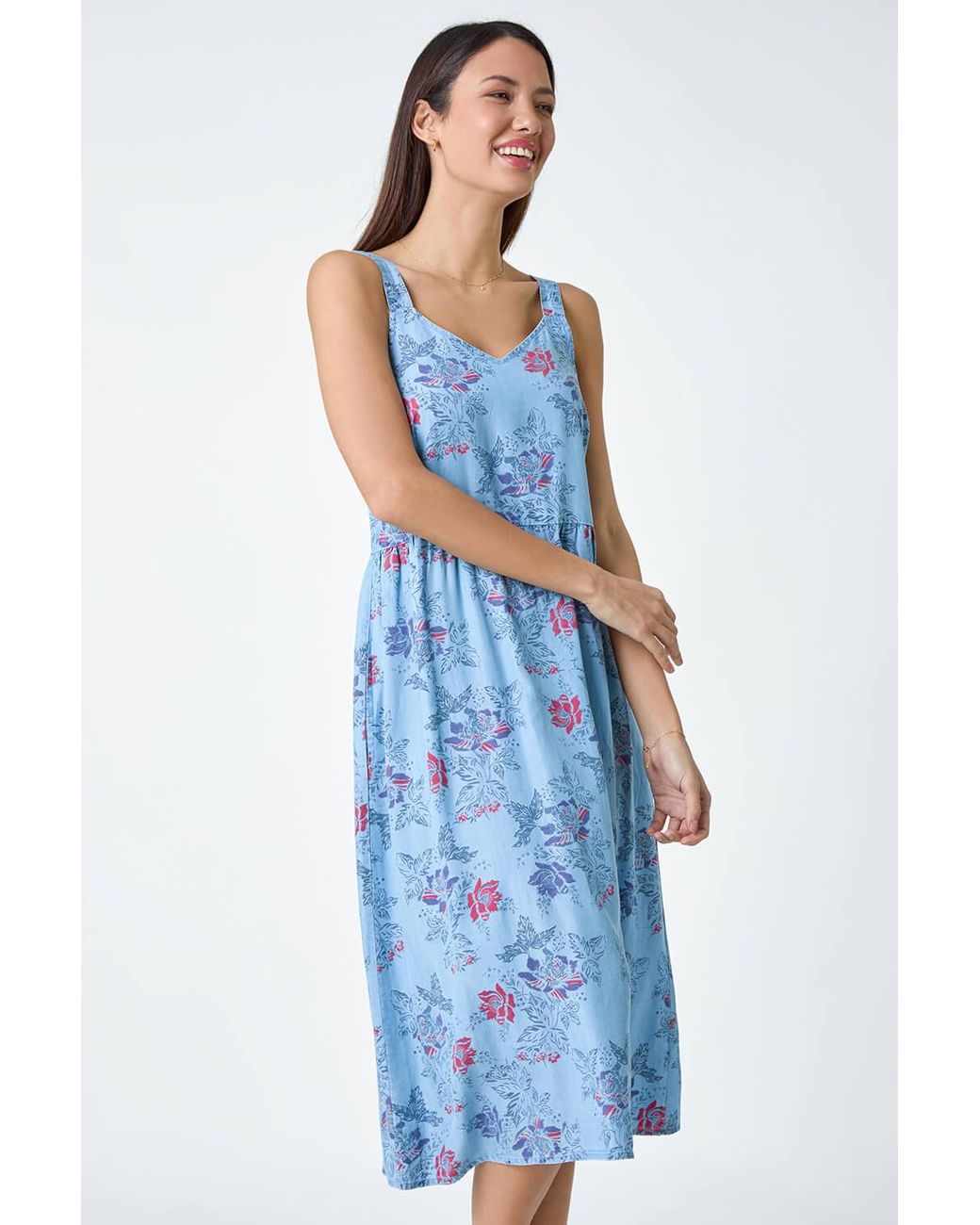 Roman Blue Floral Denim Look Shirred Dress