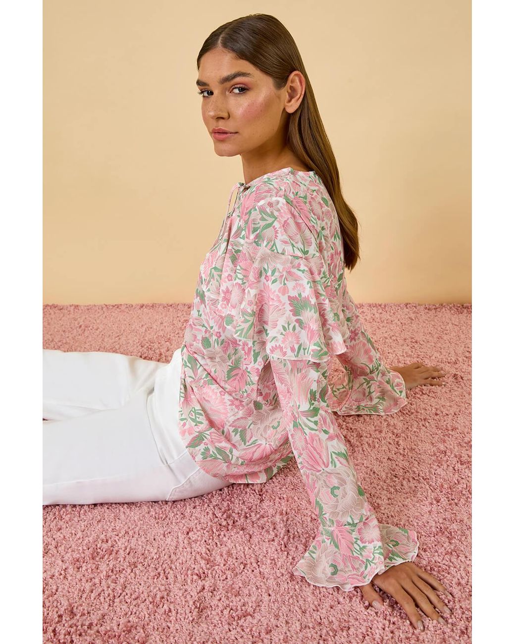 Roman Pink Floral Print Tie Front Top