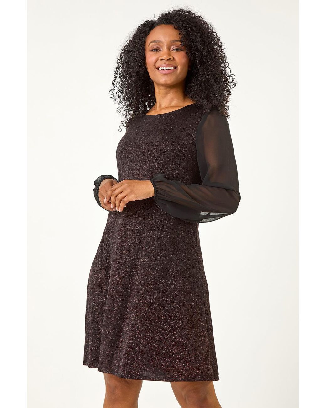 Roman Petite Black Chiffon Sleeve Sparkle Dress