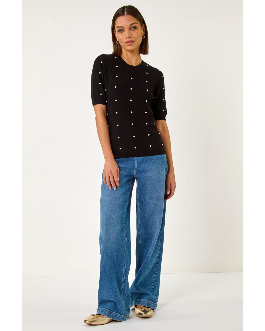 Roman Black Faux Pearl Embellished Knit Top