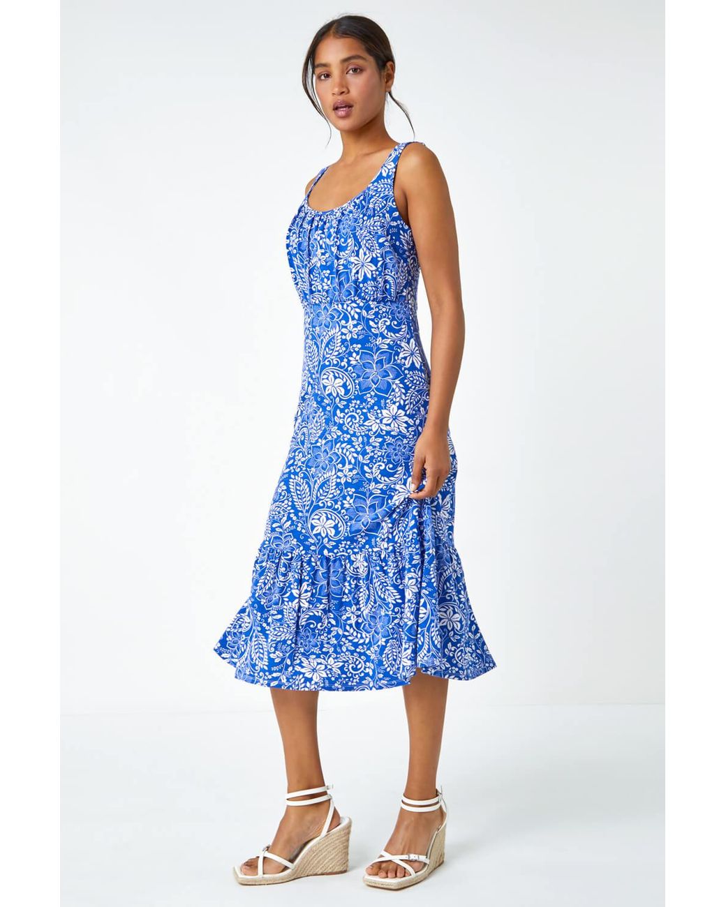 Roman Blue Floral Frill Hem Stretch Midi Dress