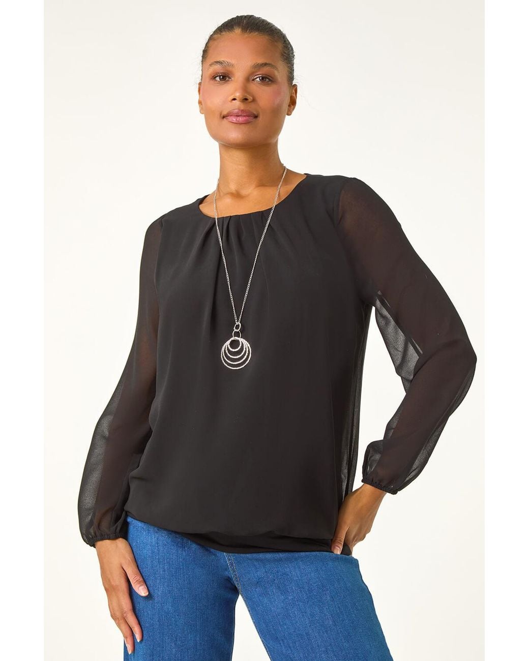Roman Blue Chiffon Banded Hem Pleated Top