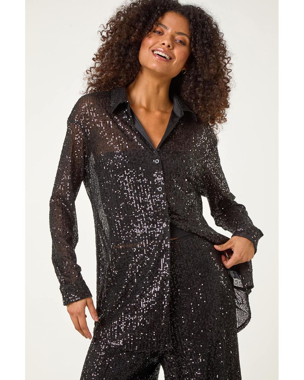 D.u.s.k Black Sequin Button Through Stretch Blouse