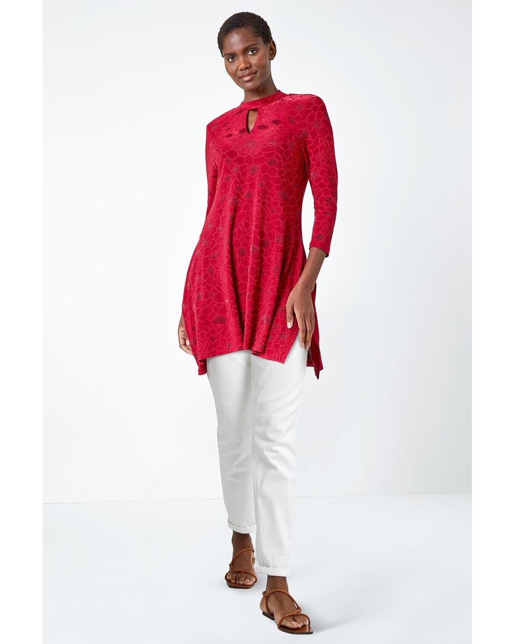 Roman Textured Print Keyhole Stretch Tunic Top