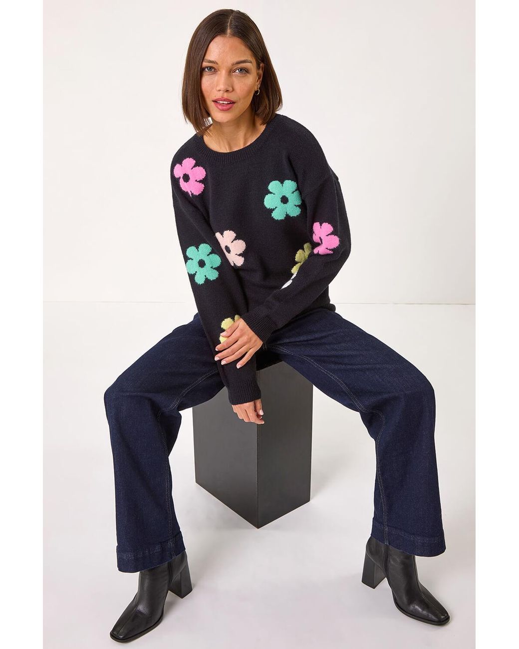 Roman Blue Floral Print Jacquard Knit Jumper