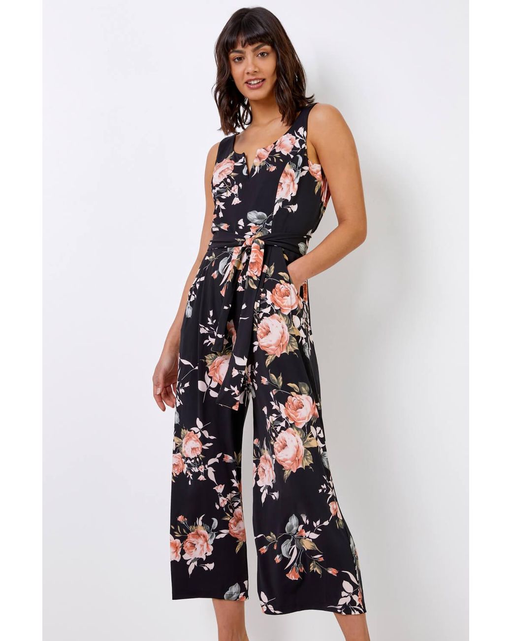 Roman Black Floral Stretch Cropped Leg Jumpsuit