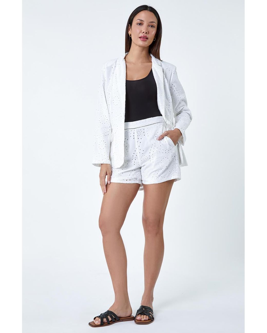 Roman White Elastic Waist Cotton Broderie Shorts