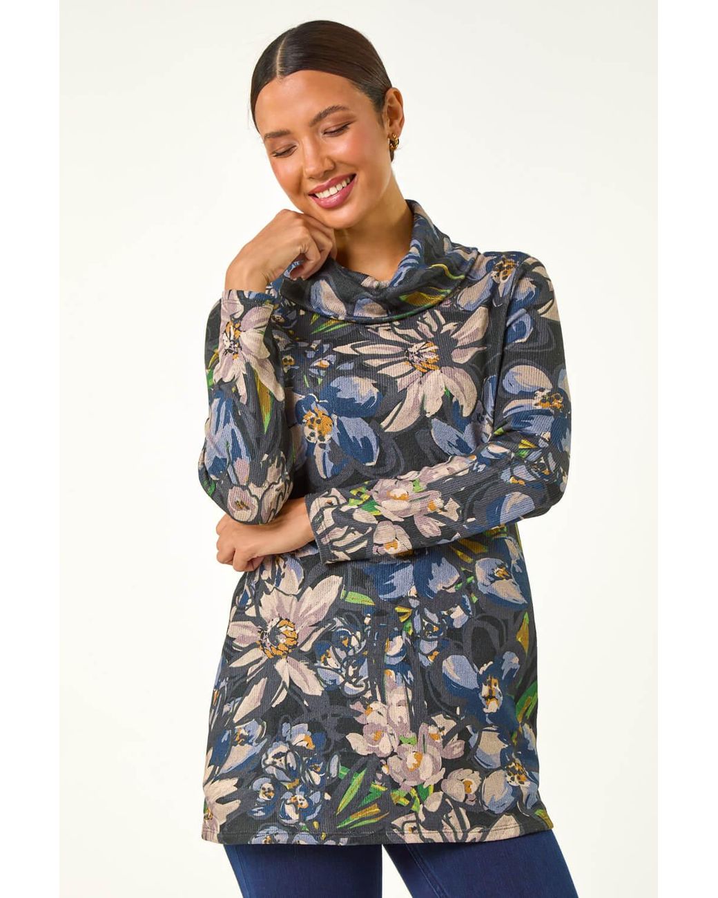 Roman Blue Floral Roll Neck Pocket Top