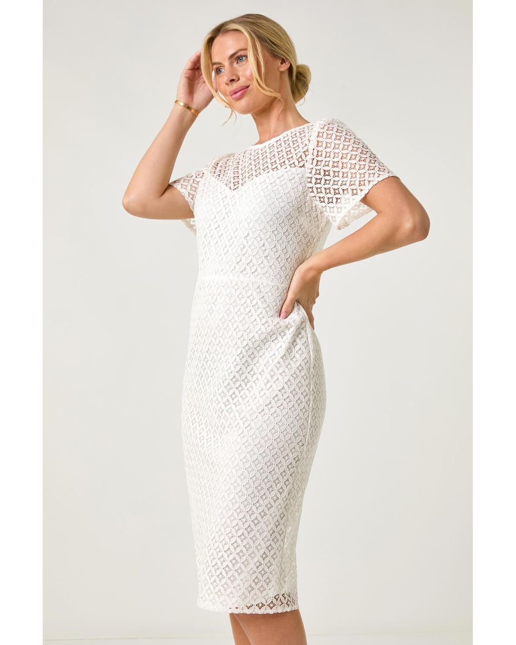 lace bodycon dress roman Petite Short Sleeve in White and youre the headliner