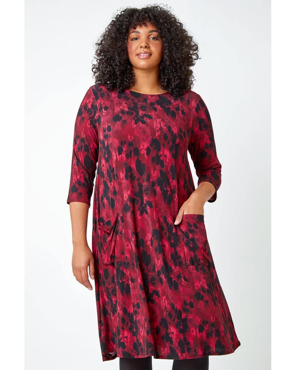 Roman Curve Red Animal Print Swing Stretch Dress