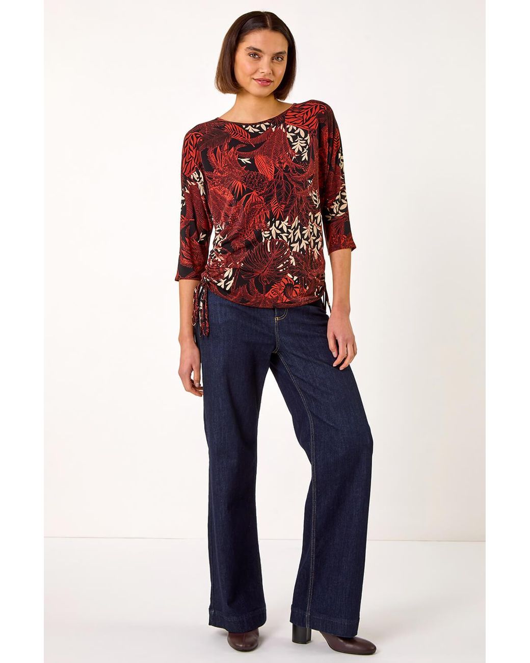 Roman Red Leaf Print Side Tie Stretch Top