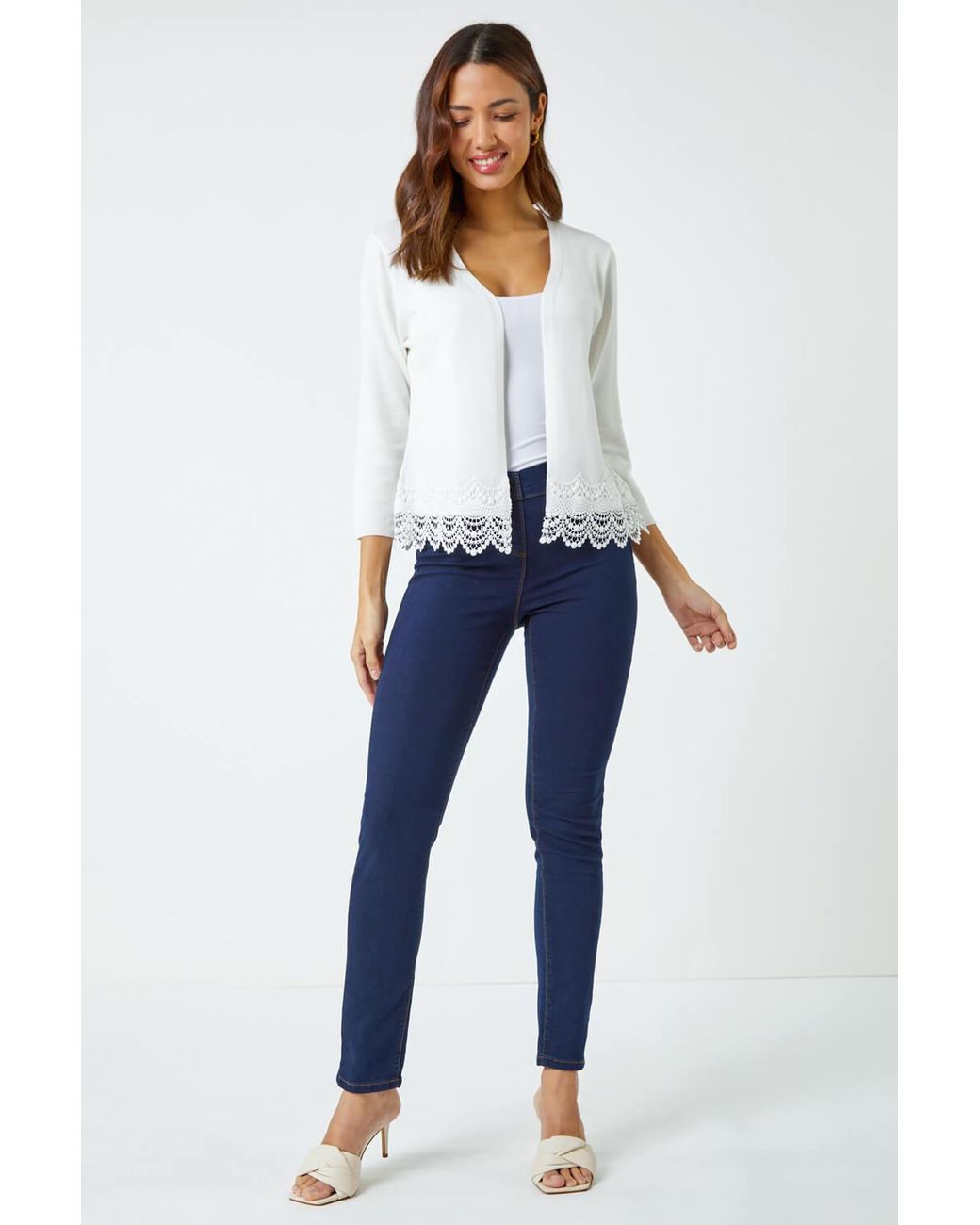 Roman White Scalloped Lace Trim Knitted Shrug