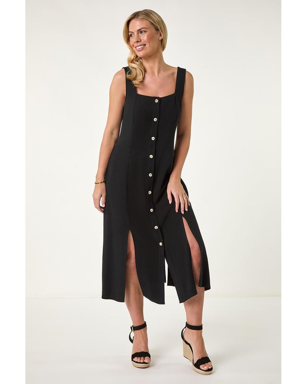 Roman Petite Black Linen Blend Buttoned Midi Dress