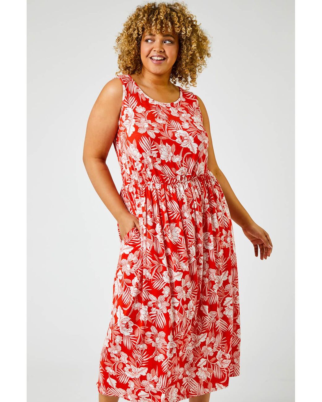 Roman Curve Red Tropical Floral Print Maxi Dress