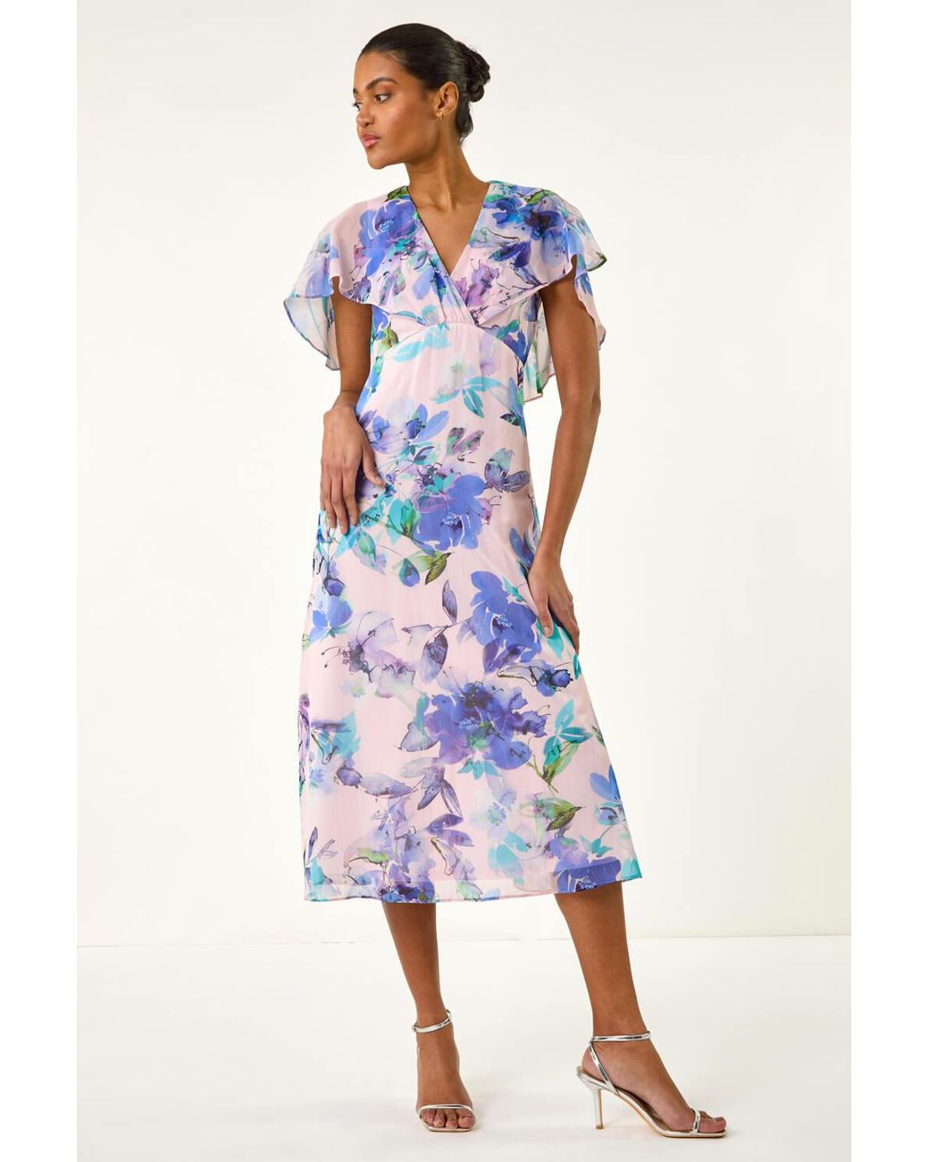 Roman Blue Floral Print Cape Back Midi Dress