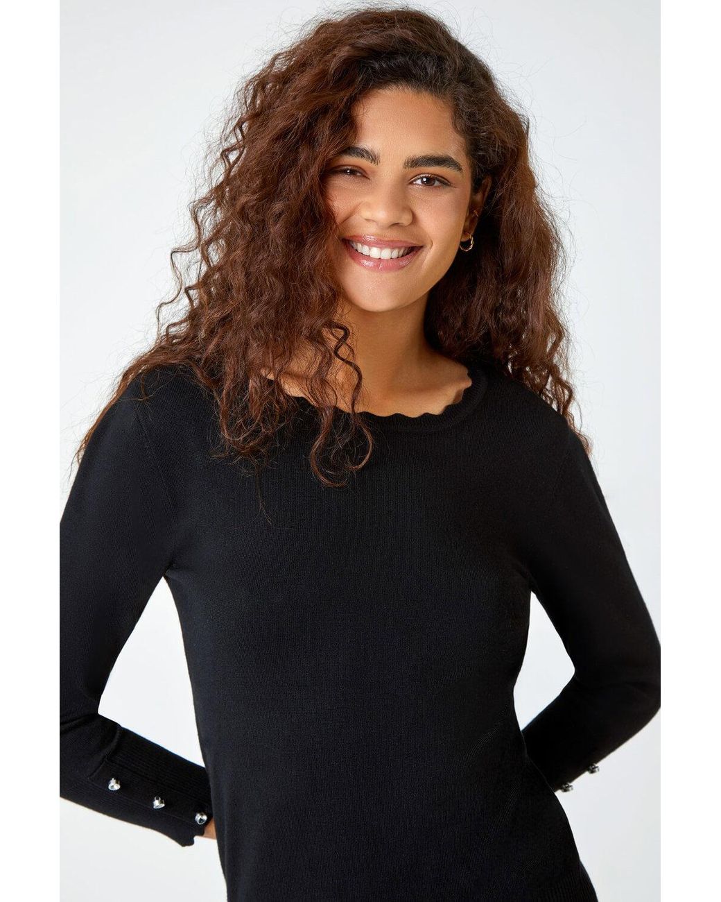 Roman Blue Diamante Button Scallop Edge Jumper
