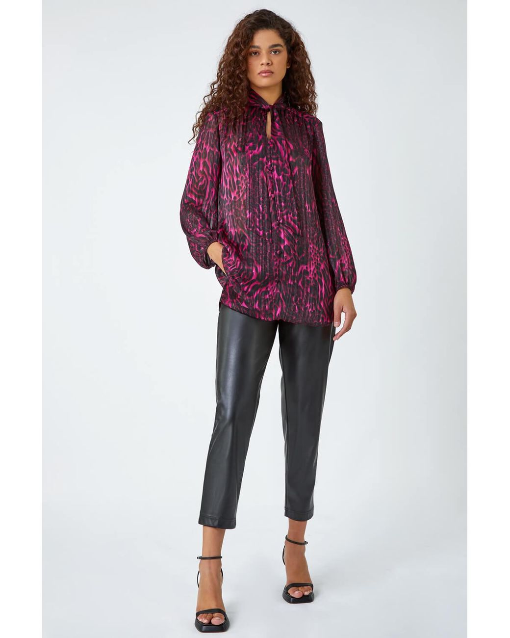 Roman Purple Animal Print Tie Neck Chiffon Top