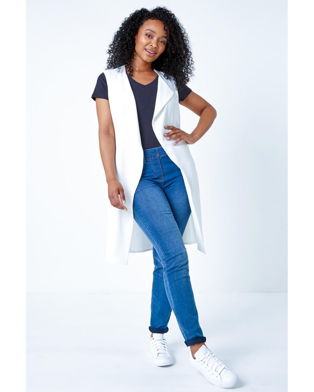 Roman Petite White Sleeveless Longline Jacket