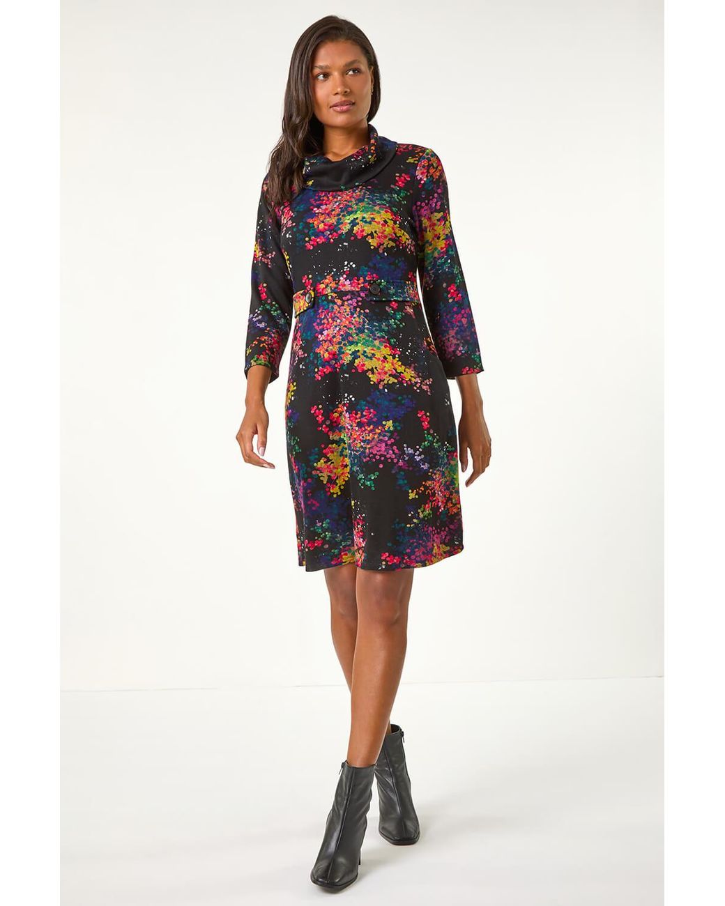Roman Black Abstract Print Ponte Tab Detail Dress