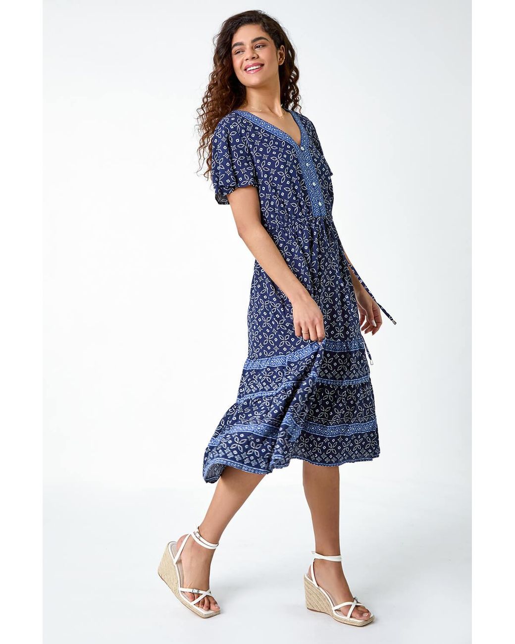 Roman Blue Geometric Floral Border Print Frill Dress