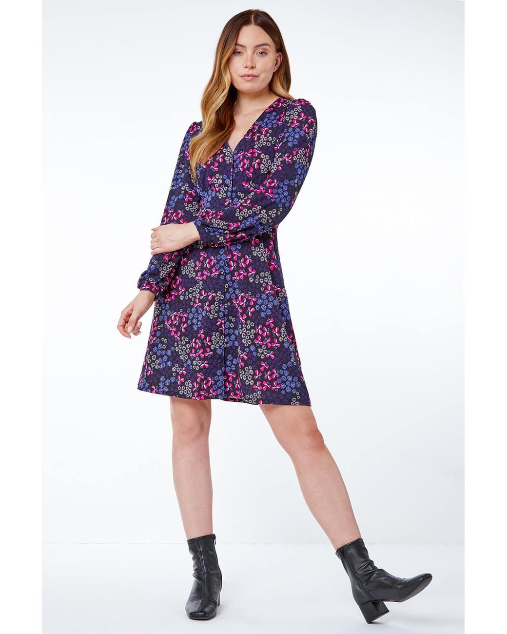 Roman Purple Floral Stretch Tea Dress